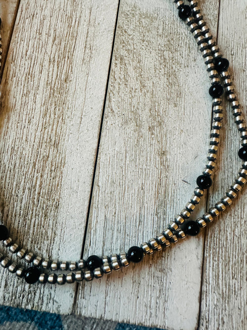 Pearl Sterling Silver & Onyx 70 inch Beaded Necklace