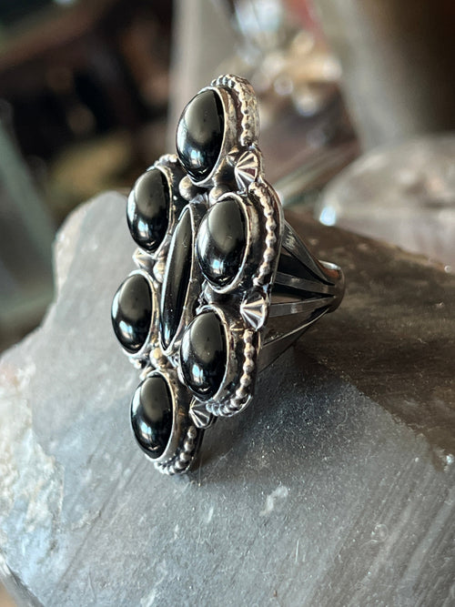 Handcrafted Sterling Silver and Black Onyx Cluster Ring by Rosella Paxson, Size 9
