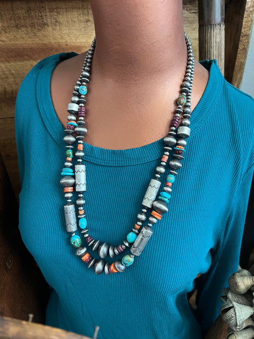 Handcrafted Sterling Silver, Kingman Turquoise and Spiny Oyster Shell Handcrafted Electric Rainbow Beaded Necklace by Rose Martin, 26 + 1 inch