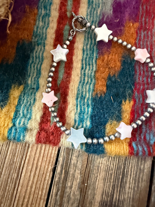 Handcrafted Pink Conch, Mother of Pearl & Sterling Silver Pearl Star Beaded Bracelet
