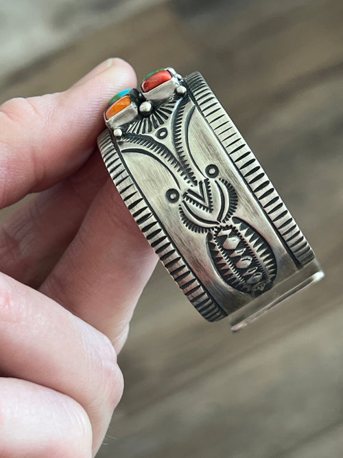 Handcrafted Electric Rainbow Turquoise and Spiny Oyster Cuff Bracelet by Bernyse Chavez /