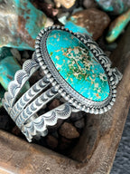 Handcrafted and Hand Stamped Sterling Silver and Royston Turquoise Cuff Bracelet by Diane Wylie