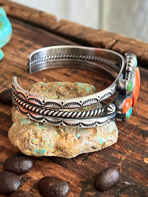 Handcrafted Split Sterling Silver, Sonoran Turquoise & Spiny Oyster Heart Cuff Bracelet by Diane Wylie