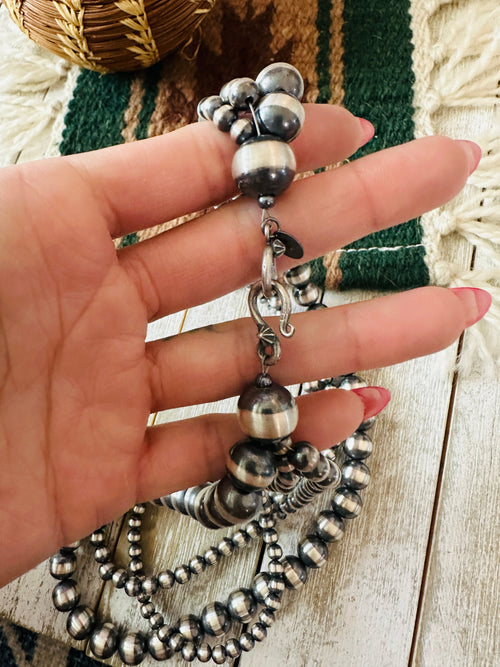 Navajo Sterling Silver Pearl Triple Strand Beaded Necklace