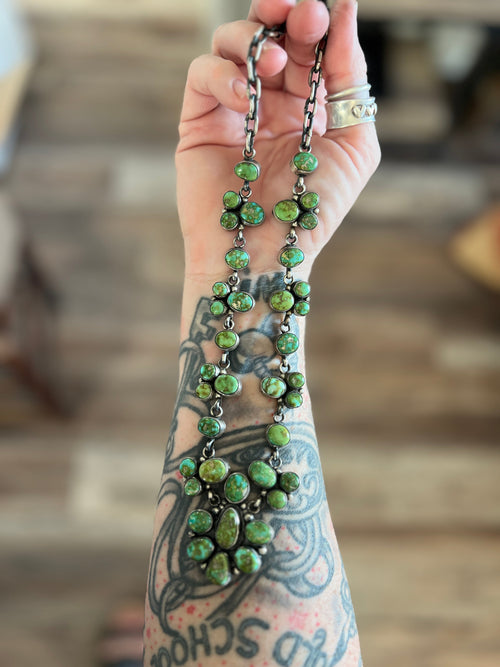 Navajo Sterling Silver and Sonoran Gold Turquoise Electric Rainbow Cluster Necklace with Earrings by Bea Tom