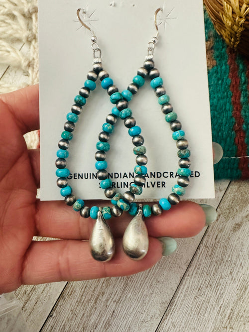 Handcrafted Turquoise & Sterling Silver Pearl Beaded Hoop Earrings