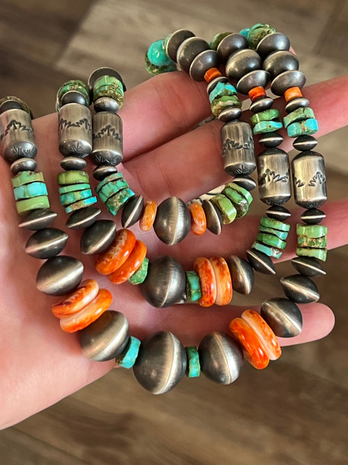 Navajo Handmade Triple Strand Sterling Silver, Spiny Oyster and Sonoran Mountain Bead Necklace by Rose Martin