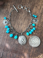 Raymond Coriz Handcrafted Sterling Silver Concho & Sonoran Turquoise Beaded Charm Bracelet