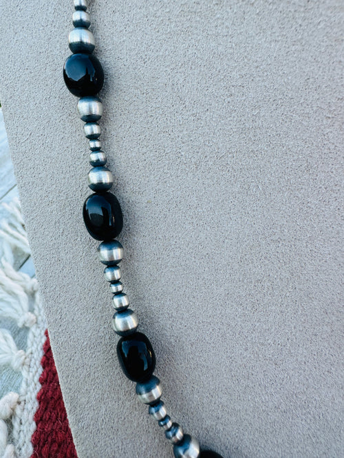 Sterling Silver Pearl & Onyx Beaded 20” Necklace