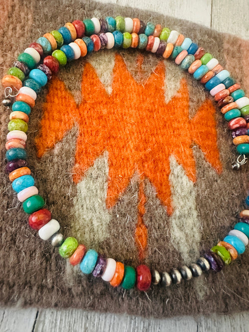 Navajo Multi Stone & Sterling Silver Beaded Wrap Choker Necklace
