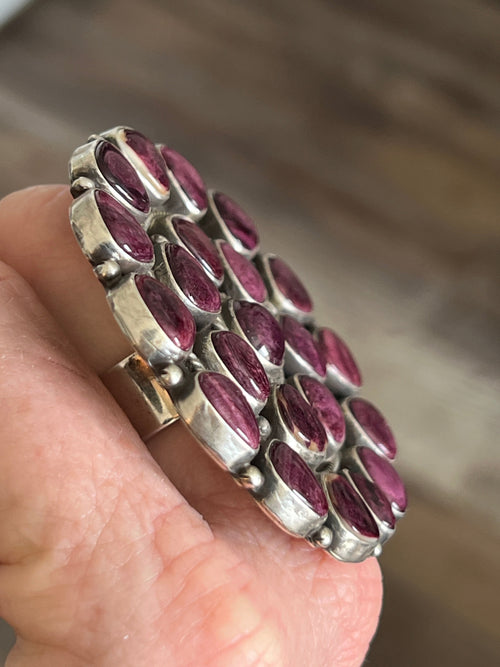 Handcrafted Sterling Silver and Purple Spiny Oyster Cluster Ring by Tyler Brown, Adjustable