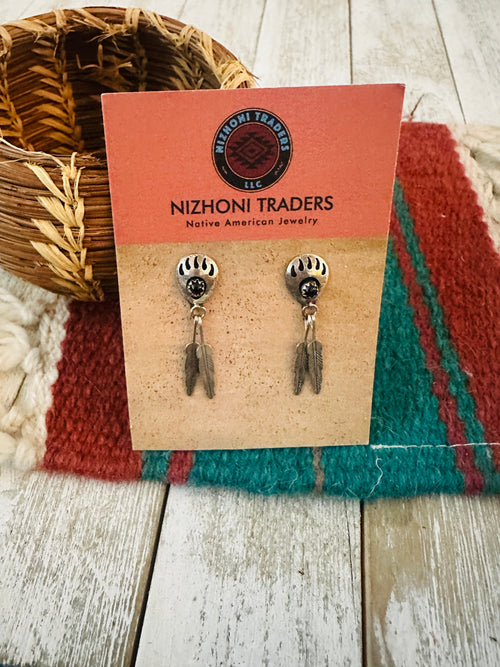 Old Pawn Navajo Onyx & Sterling Silver Bear Paw Feather Dangle Earrings