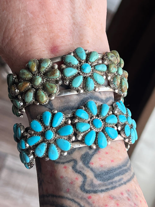 Handcrafted Old Pawn Sterling Silver and Mixed Turquoise Daisy Cluster Cuff Bracelet, Signed MA /