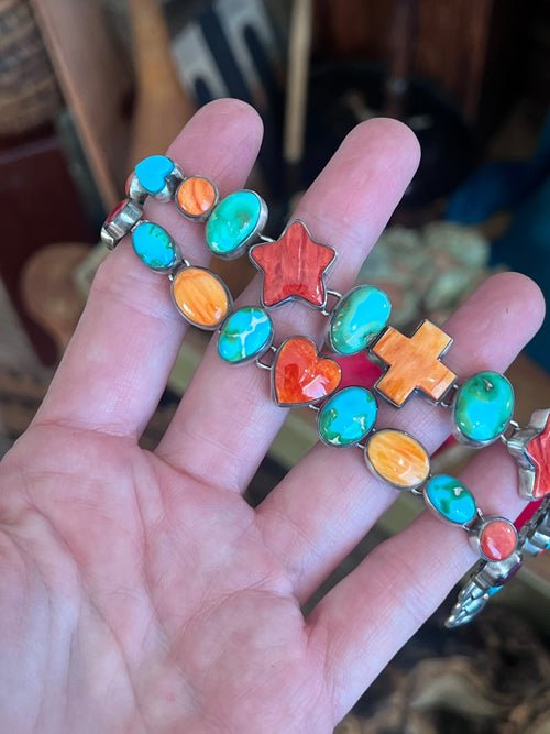 Loretta Delgarito Sterling Silver Electric Rainbow Link Turquoise and Spiny Oyster Heart Bracelet