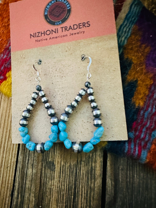 Handcrafted Turquoise & Sterling Silver Pearl Beaded Dangle Hoop Earrings