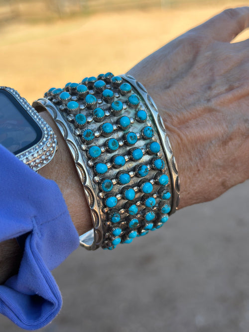 Estate Collection Old Pawn Navajo Sterling Silver & Turquoise Snake Eye Cuff Bracelet /