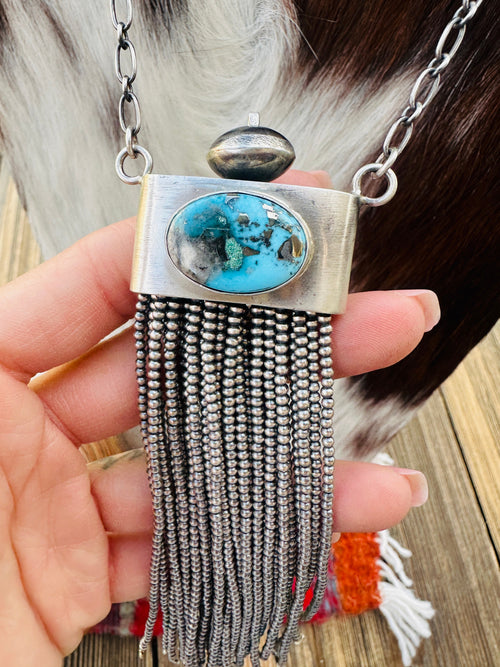 Handcrafted Morenci Turquoise & Sterling Silver Beaded Tassel Necklace