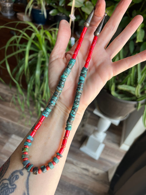 Navajo Hubei Turquoise Beaded Necklace with Sterling Silver and Bamboo Coral by Kirby Smith: 13 To Choose From!