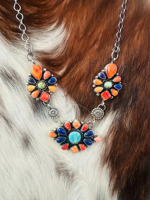 Old Pawn Handcrafted Multi Stone & Sterling Silver Cluster Necklace by Sheila Becenti