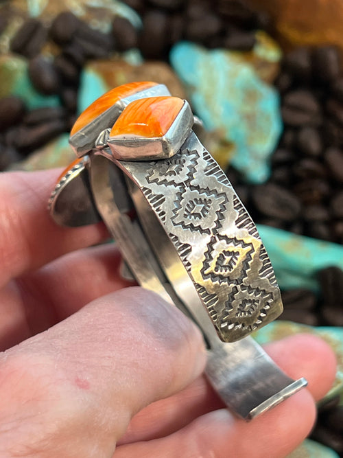 Handcrafted Sterling Silver and Orange Spiny Oyster Shell Geometric Row Cuff by Rosella Paxson