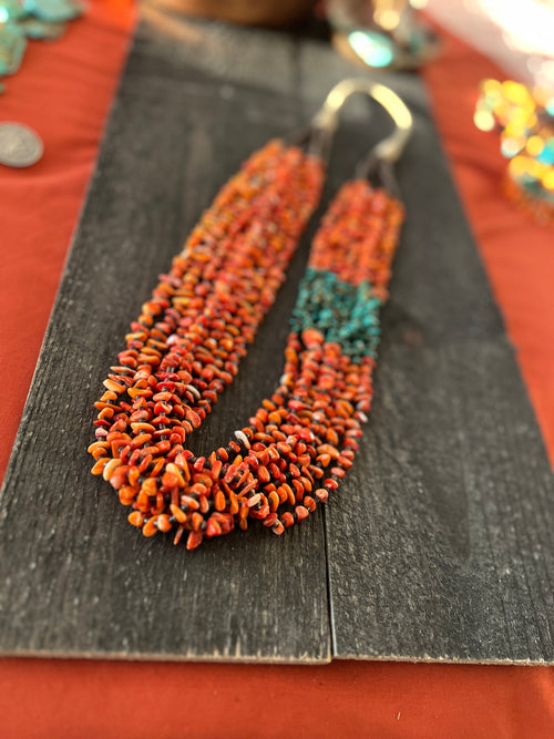 Gorgeous Santo Domingo Made Eight Strand Spiny Oyster and Turquoise Beaded Squaw Wrap Necklace by Daniel Coriz