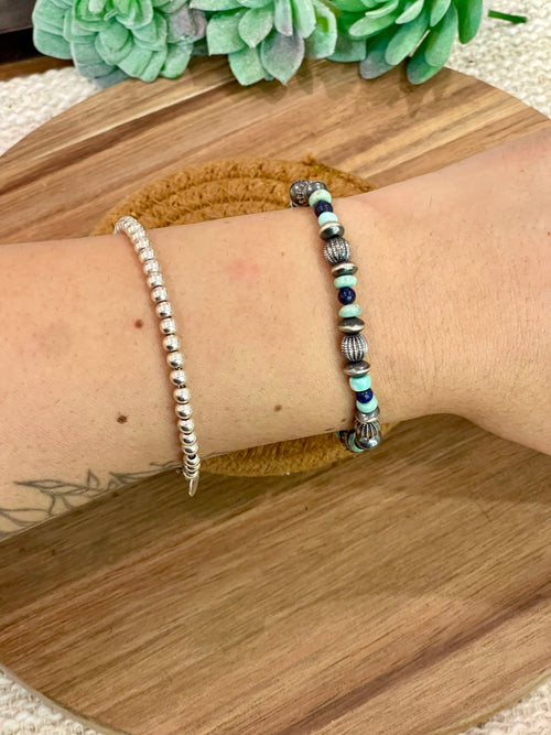 Handmade Sterling Silver, Turquoise & Lapis Beaded Bracelet with Signed Nizhoni