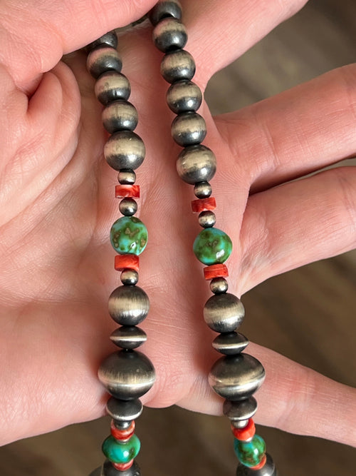 Navajo Made Electric Rainbow Sterling Silver, Turquoise and Spiny Oyster Single Strand Beaded Necklace by Rose Martin, 20 + 2 Inches