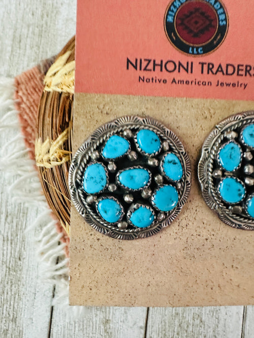 Old Pawn Navajo Sterling Silver & Kingman Turquoise Cluster Post Earrings