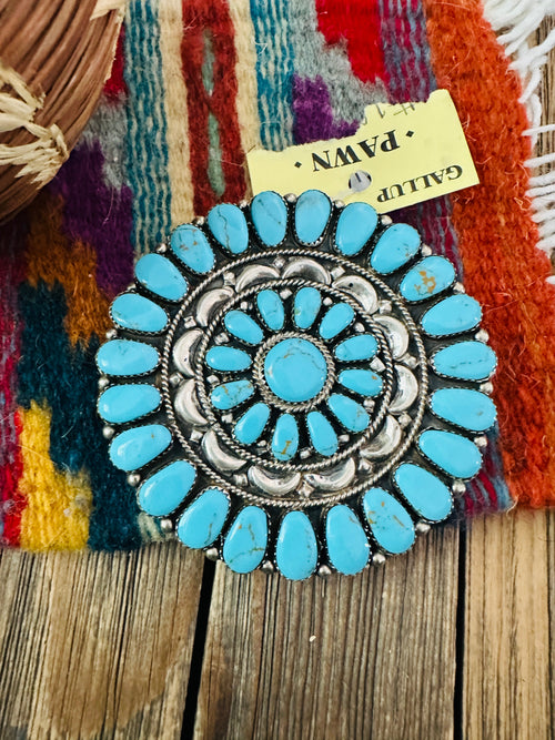 Old Pawn Handcrafted Turquoise and Sterling Silver Cluster Brooch/ Pendant