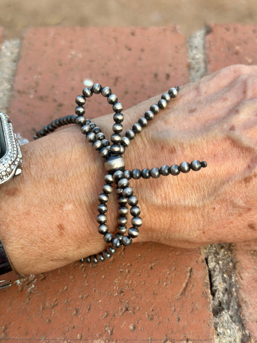 Handmade 4mm-8mm Sterling Silver Beaded Stretch Bow Bracelet Size 6-8 extender