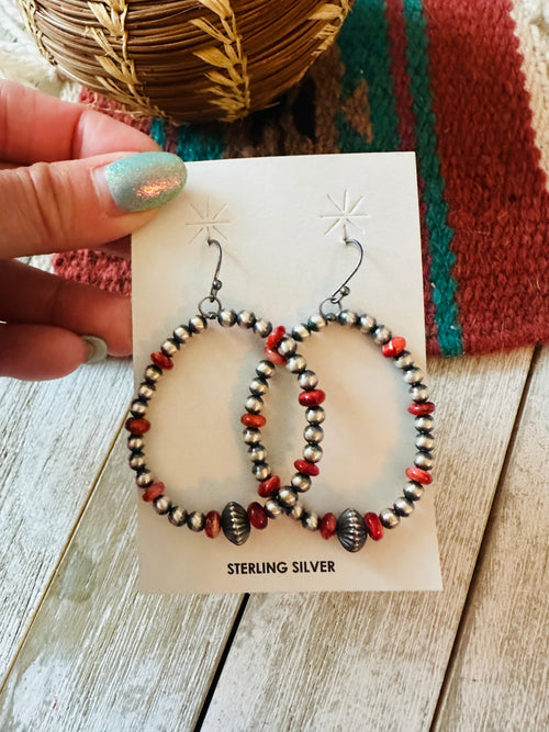 Navajo Multi Stone & Sterling Silver Pearl Beaded Hoop Earrings