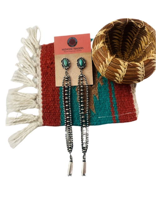 Navajo Turquoise & Sterling Silver Pearl Beaded Blossom Dangle Earrings