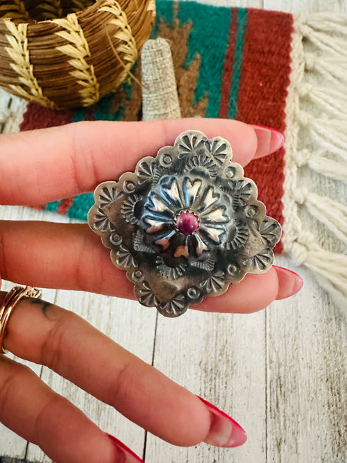 Old Pawn Navajo Sterling Silver & Purple Spiny Concho Ring Size 7