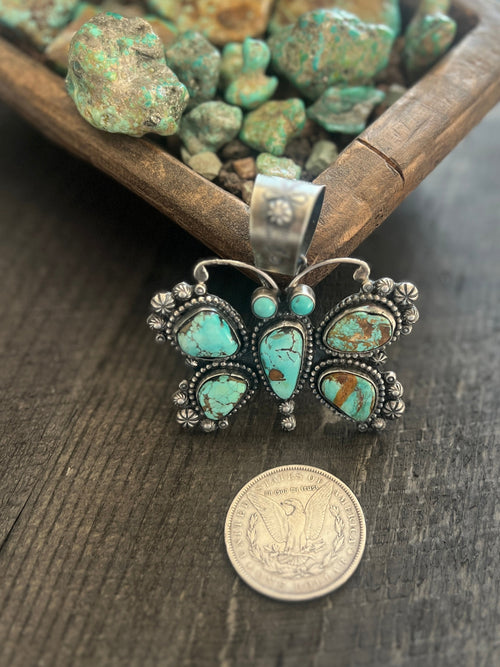 Apache Made Sterling Silver & Pilot Mountain Turquoise Butterfly Pendant by Rosella Paxson