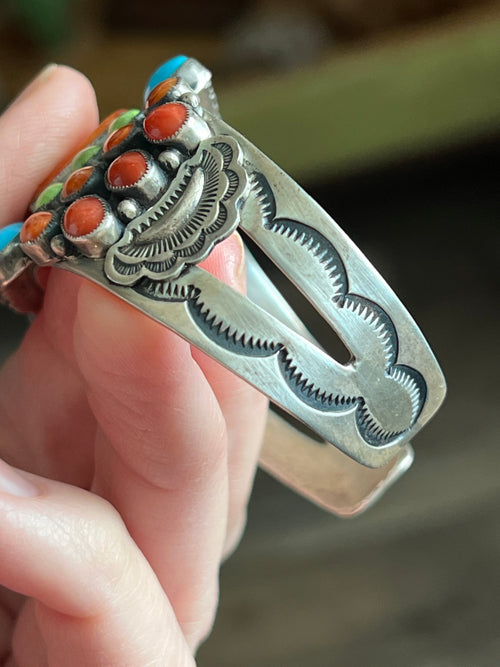 Old Pawn Don Lucas Split Stamped Sterling Silver and Multi Stone Cluster Cuff