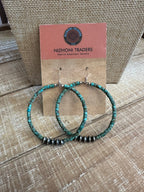 Handcrafted Sterling Silver and Royston Turquoise 2 inch Beaded Hoop Earrings