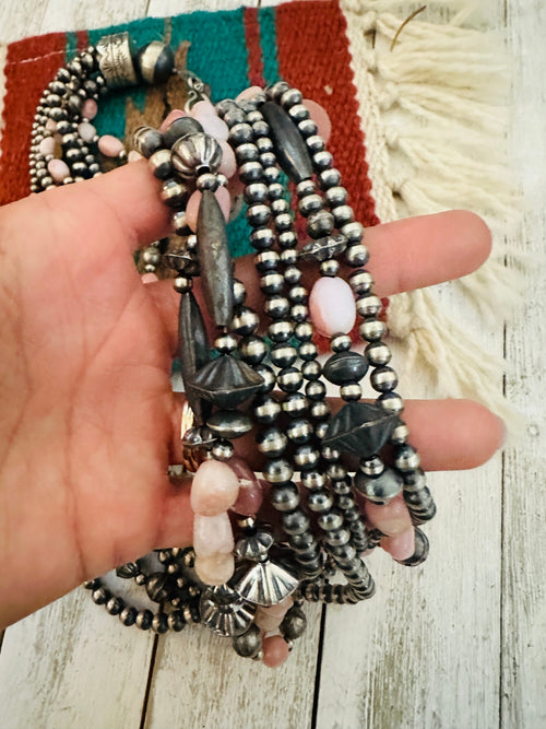 Navajo Sterling Silver Pearl & Rhodochrosite Beaded Seven Strand Necklace