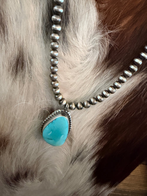 Handcrafted Turquoise & 5mm Sterling Silver Pearl 18” Beaded Necklace
