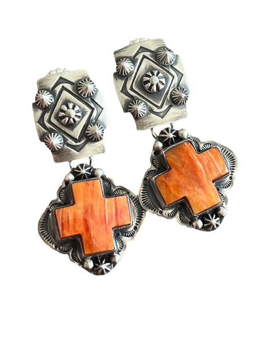 Navajo Sterling Silver and Orange Spiny Oyster Shell Santa Fe Cross Earrings by Murphy Platero