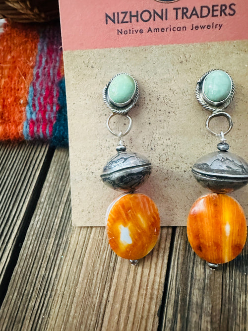 Handcrafted Turquoise, Spiny & Sterling Silver Beaded Dangle Earrings