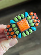 Old Pawn Don Lucas Split Stamped Sterling Silver and Multi Stone Cluster Cuff