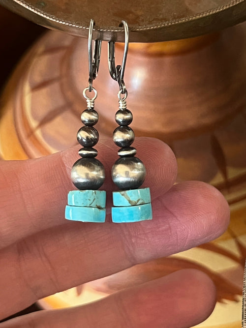 Navajo Made Sterling Silver Summer Lovin’ Kingman Turquoise Heishi Beaded Drop Earrings, Leverback