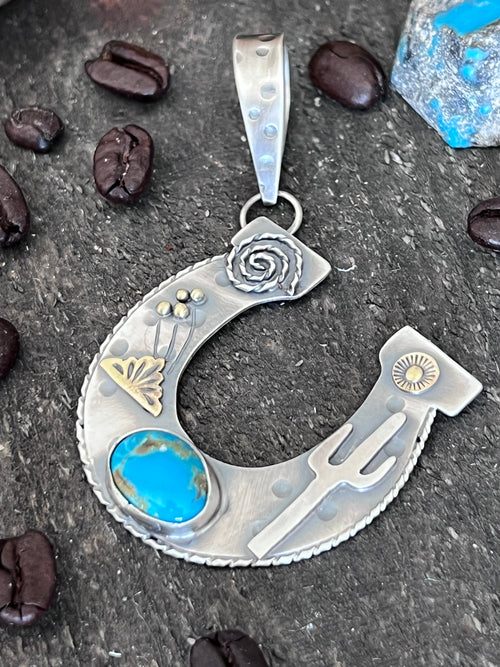 Kimari Somers Hand Stamped Sterling Silver Sonoran Desert Horseshoe Pendant with Brass & Royston Turquoise