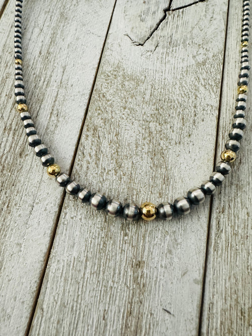 Navajo Sterling Silver & Gold Beaded 20” Necklace