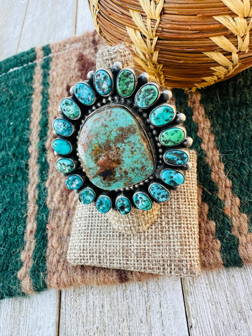 Old Pawn Handcrafted Turquoise & Sterling Silver Cluster Ring Size 7 by B. Yellowhorse