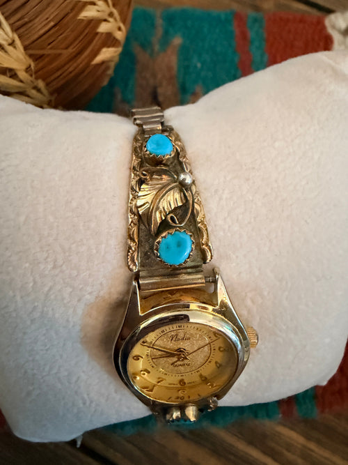 Handcrafted Old Pawn Turquoise & Sterling Silver 12K Gold Plated Watch Cuff
