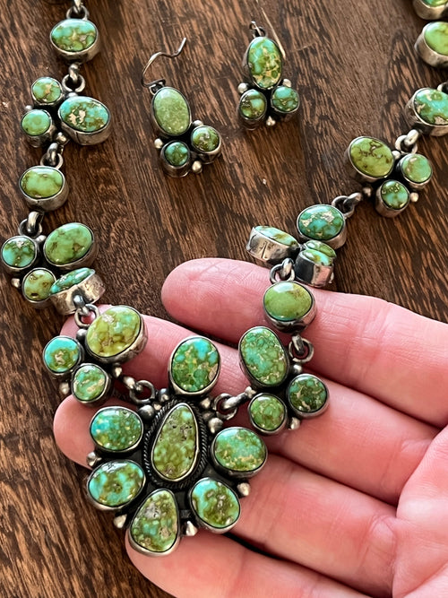 Navajo Sterling Silver and Sonoran Gold Turquoise Electric Rainbow Cluster Necklace with Earrings by Bea Tom