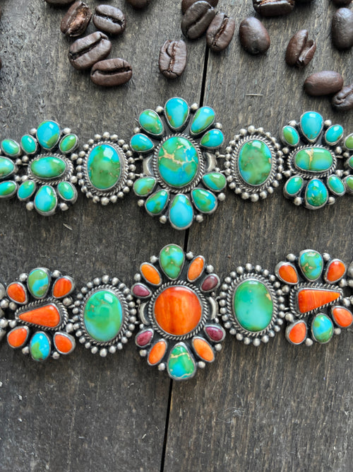 Stunning Sterling Silver, Sonoran Mountain Turquoise and Spiny Oyster Shell Cluster Link Bracelets by Diane Wylie