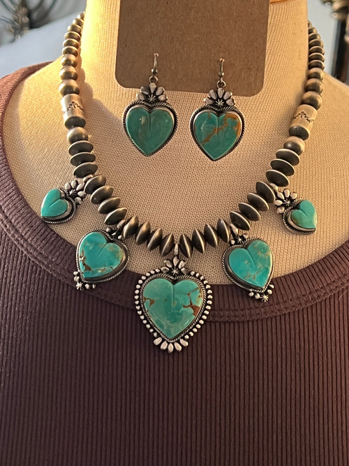 Navajo Sterling Silver and Kingman Turquoise Heart Charm Necklace and Earrings Set by Murphy Platero & Rose Martin