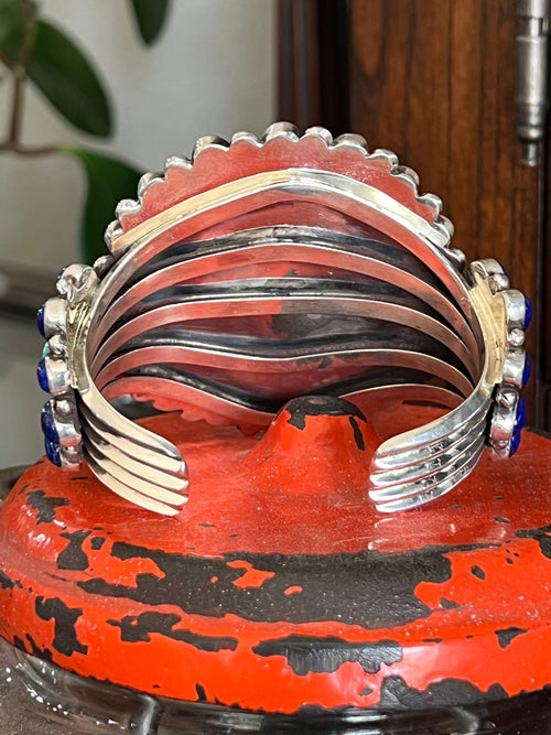 Sterling Silver, Sonoran Mountain Turquoise and Lapis Lazuli Cluster Cuff Bracelet by Tyler Brown /